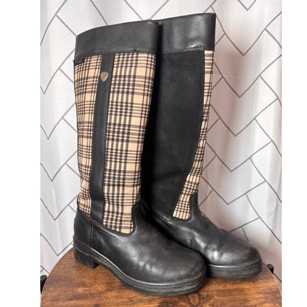 Ariat Womens Baker Black Plaid Leather Tall Riding Boots SZ 7.5 Preppy Stable